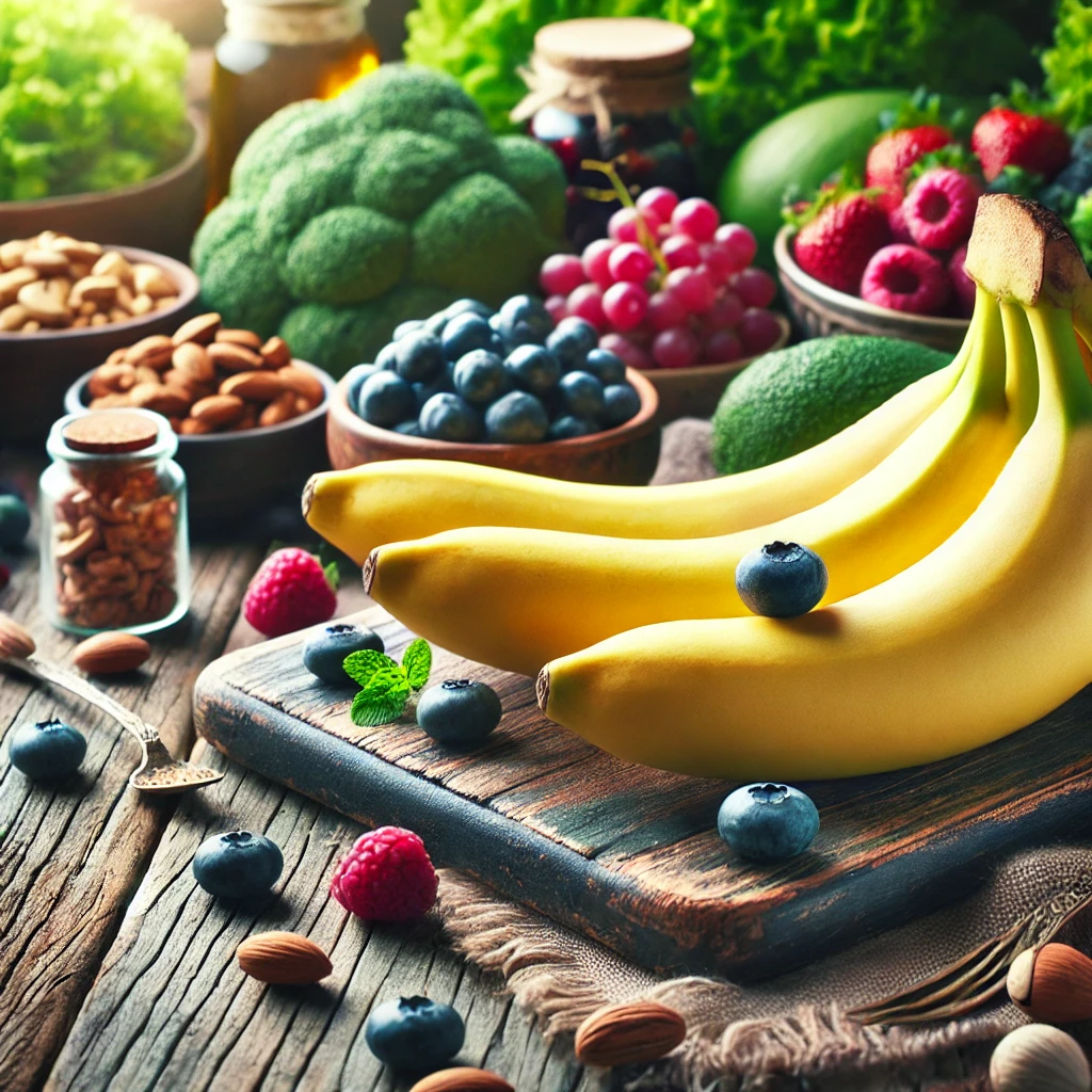 a group of bananas and blueberries on a cutting board