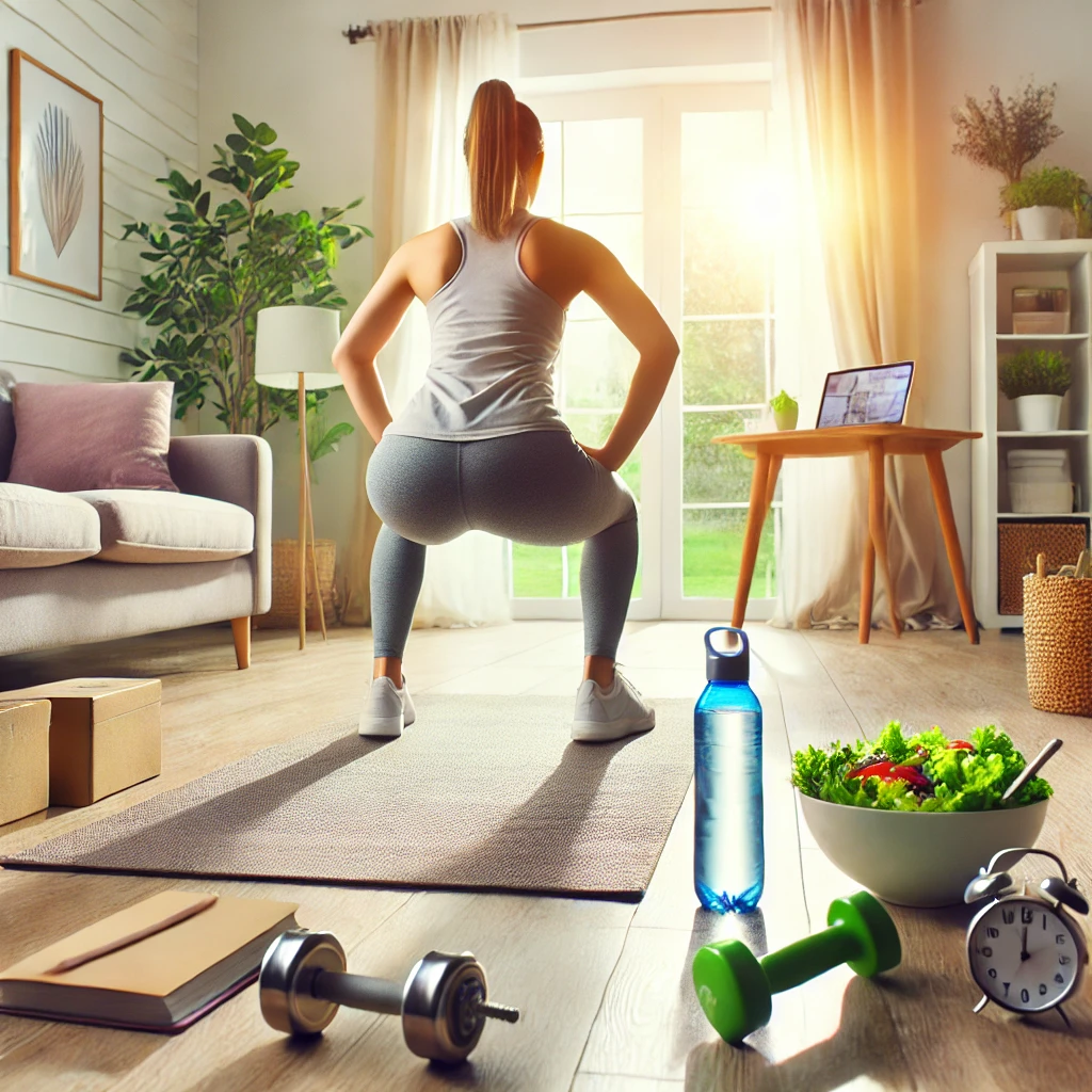 a woman doing squats in a living room