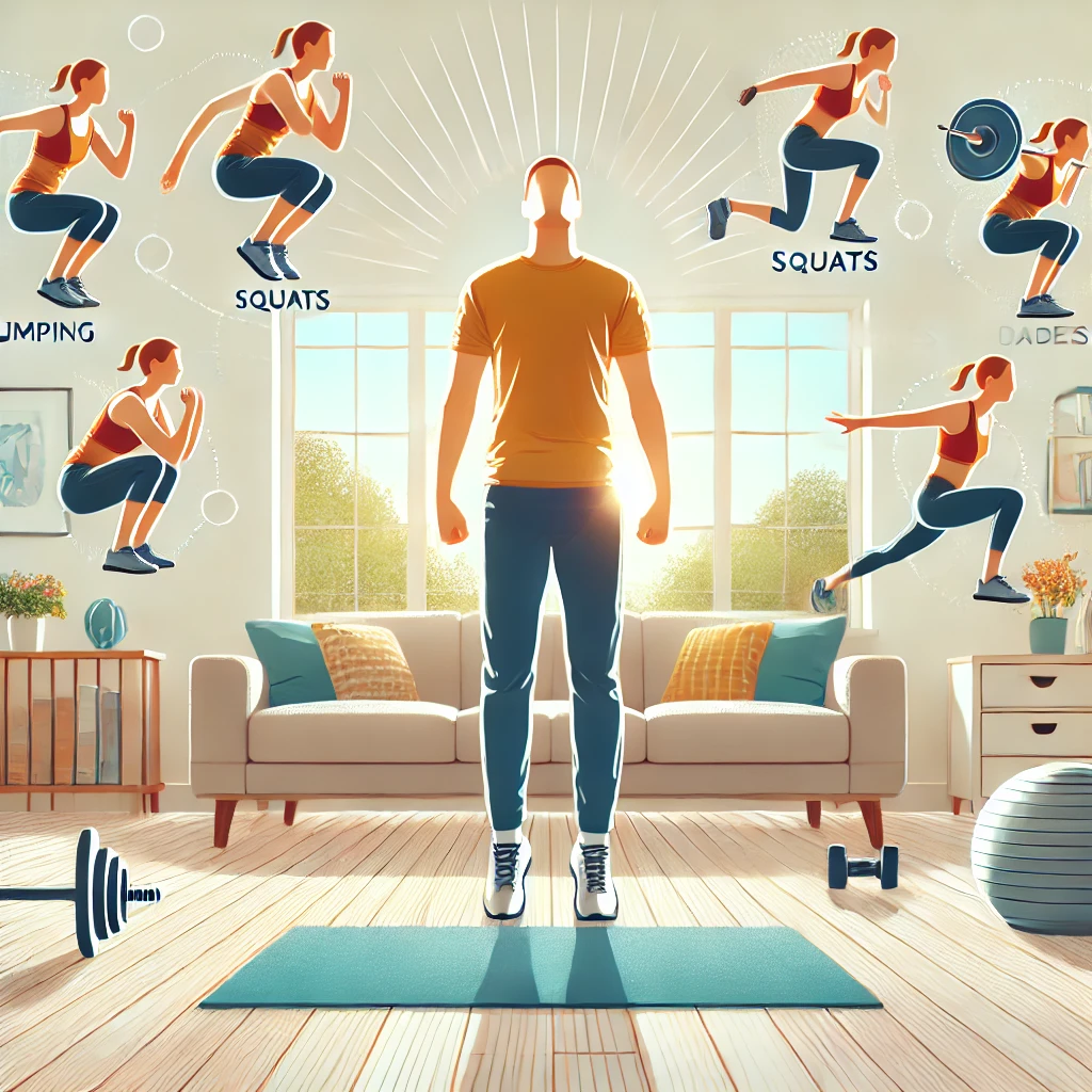 a man standing in front of a living room with various exercises